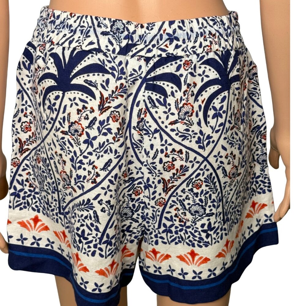 Joie Women Blue Orange Tropical Floral Linen Blend Drawstring Shorts Size Medium - Picture 2 of 5